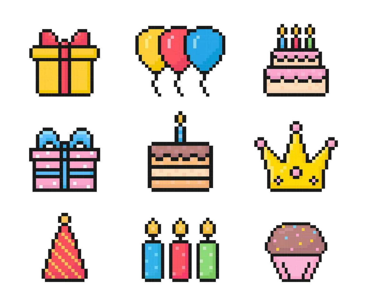 verjaardag pixel pictogrammen, viering, 8 beetje, 80s 90s oud speelhal spel stijl, pictogrammen voor spel of mobiel app, taart, kroon, ballonnen, kaars, geschenk, koekje, vector illustratie