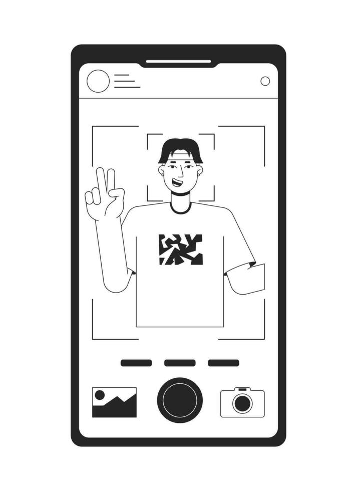 nemen foto Aan voorkant camera bw concept vector plek illustratie. gebruik makend van apparaatje 2d tekenfilm vlak lijn monochromatisch voorwerp voor web ui ontwerp. bewerkbare geïsoleerd schets held beeld