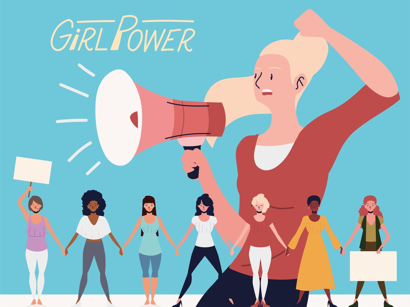 girl power, vrouw omroeper met megafoon en groep vrouwen hand in hand vector