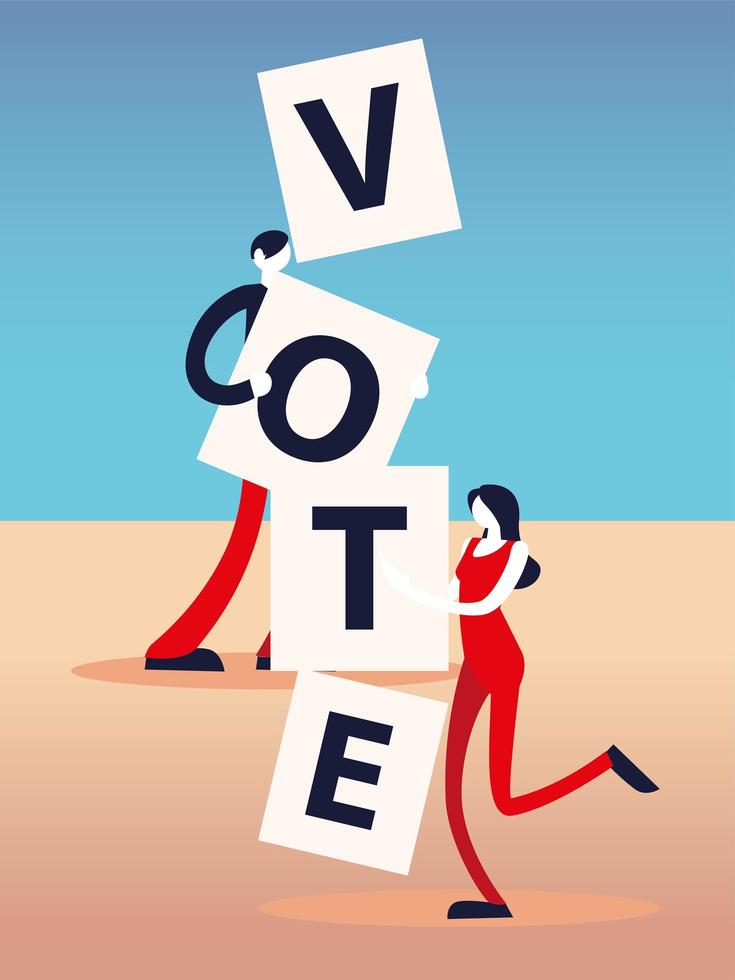 verkiezingsdag, vrouw en man met het woord stemmen vector