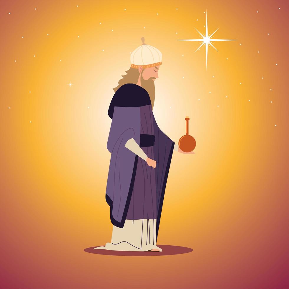 geboorte, caspar wijs koning karakter kribbe met cadeau voor de geboorte van Christus vector
