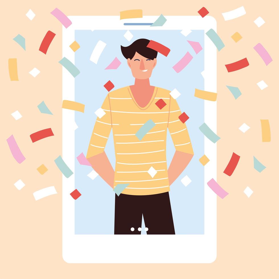 virtueel feest met man cartoon en confetti in smartphone vector design