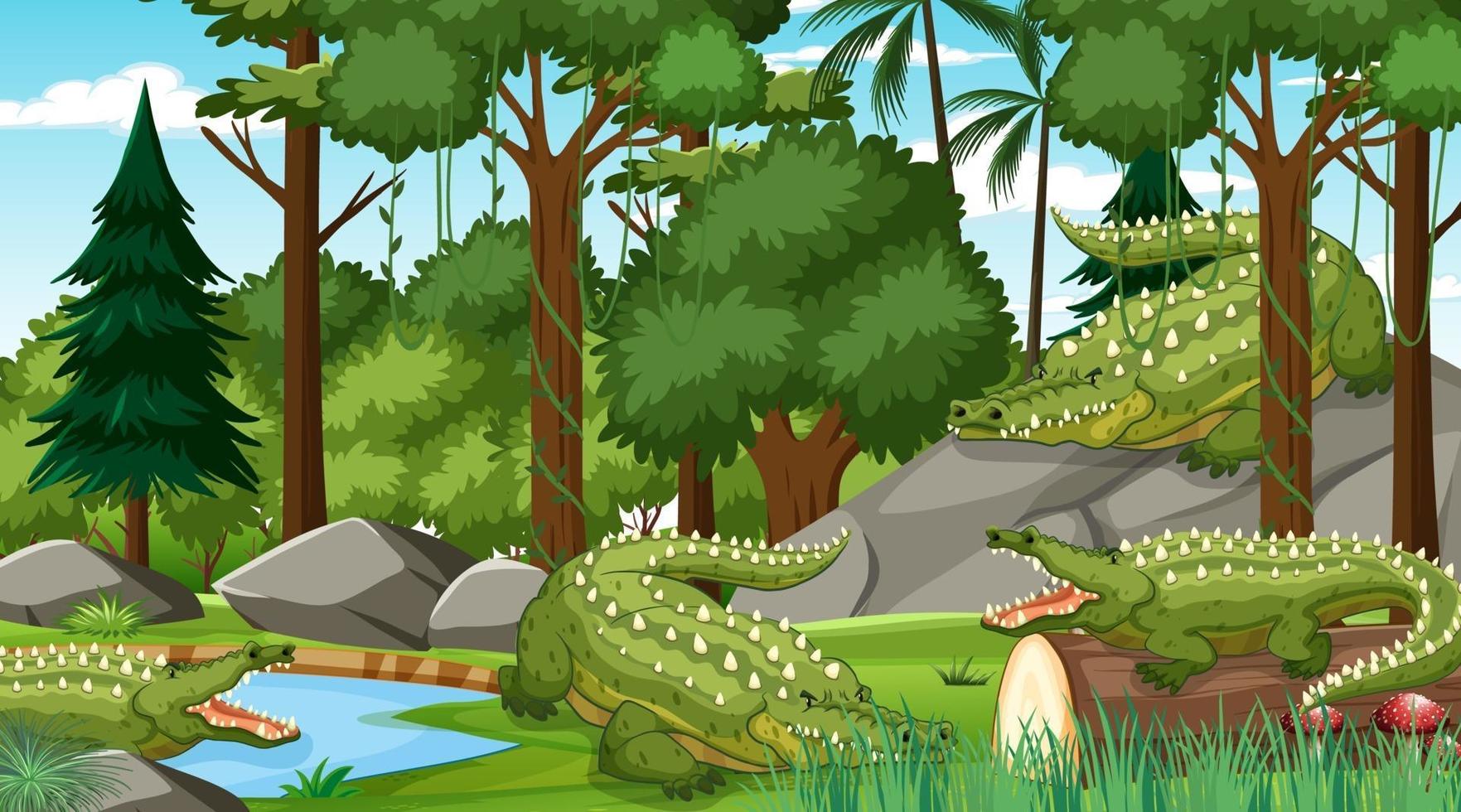 krokodillengroep in bos overdag met veel bomen vector