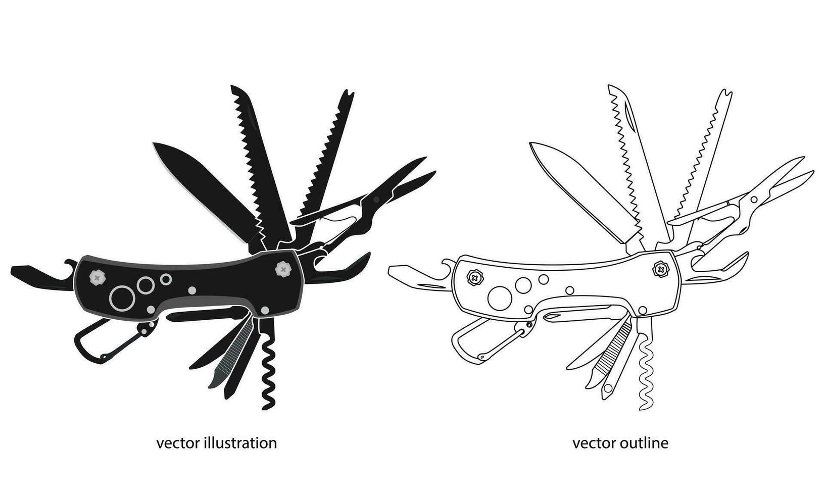 zak- mes icoon, leger mes, schets icoon, silhouet van multi tool zak- mes, vector illustratie, geïsoleerd Aan wit achtergrond