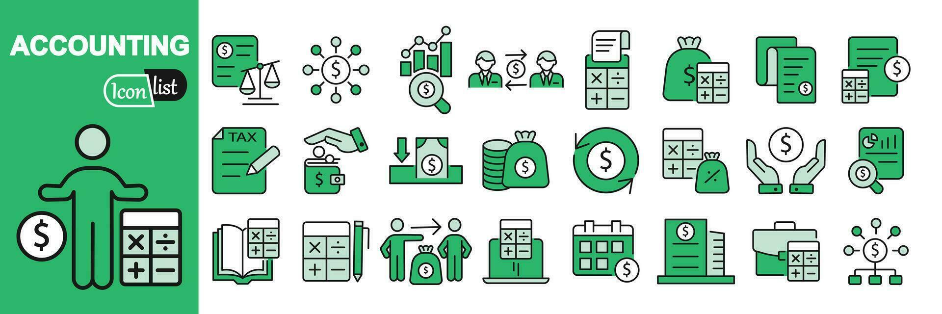 accounting icoon set. met financieel uitspraak, accountant, factuur, belasting rekenmachine, bedrijf stevig, inkomen en balans vel pictogrammen. vector