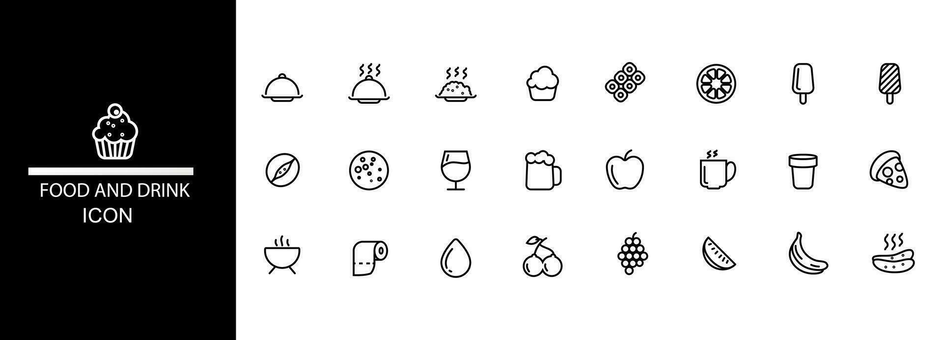 pictogrammen gemakkelijk lijn voedsel en drankje, zwart kleur, koekje, rijst, fruit, ijs room, geïsoleerd wit baground, bewerkbare eps 10 vector