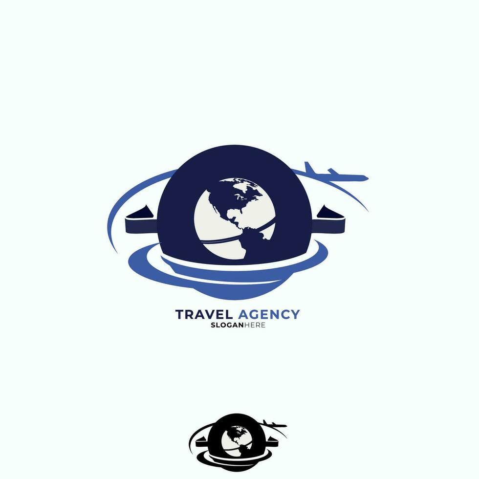 reizen agentschap logo's, donker blauw en licht blauw kleuren, vector reizen logo, vlak symbool cirkelen de aarde