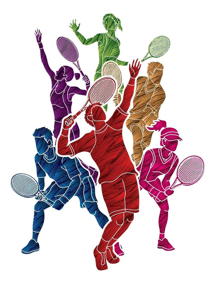 groep tennis mannelijke en vrouwelijke spelers actie vector
