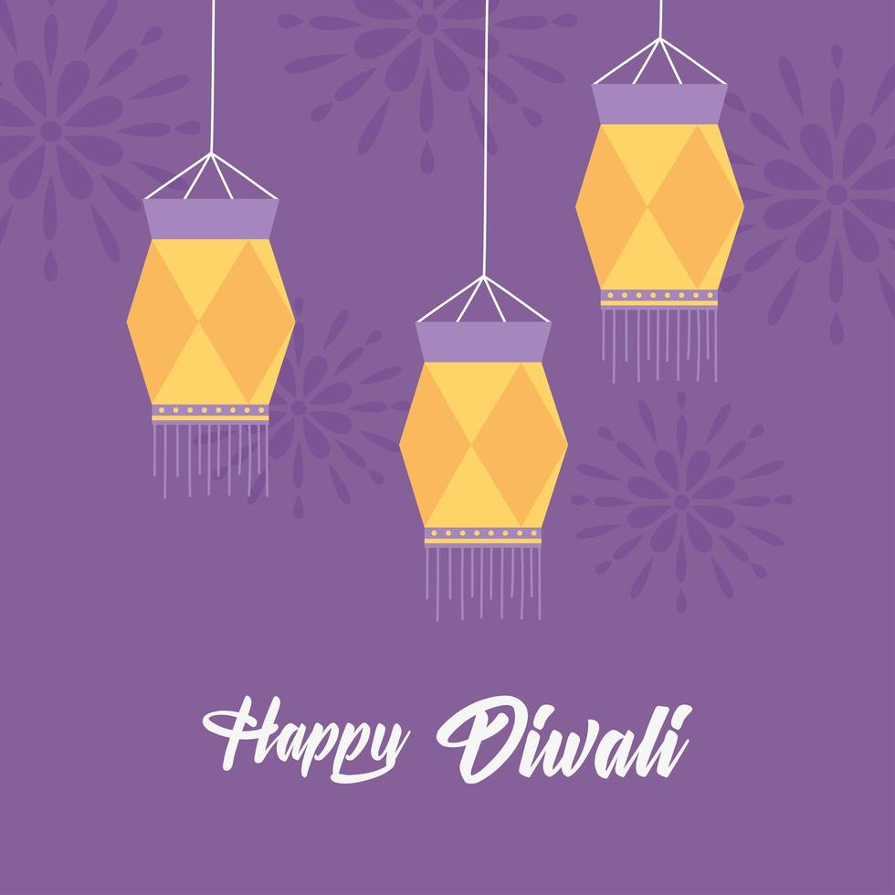 gelukkig diwali festival, hangende traditionele lampen decoratie mandala's paarse achtergrond, vector design