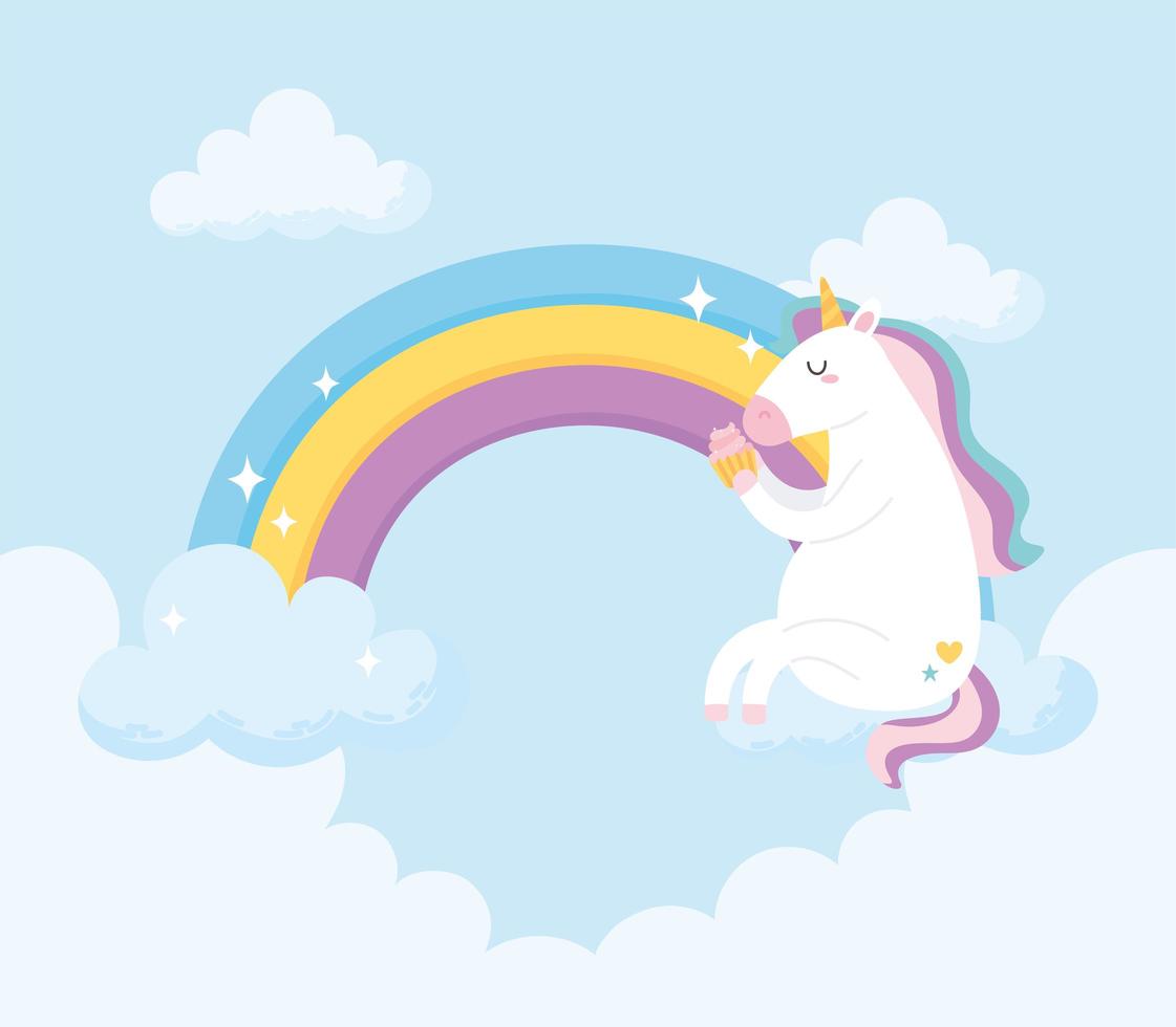 schattige magische eenhoorn zittend op wolk met cupcake cartoon vector