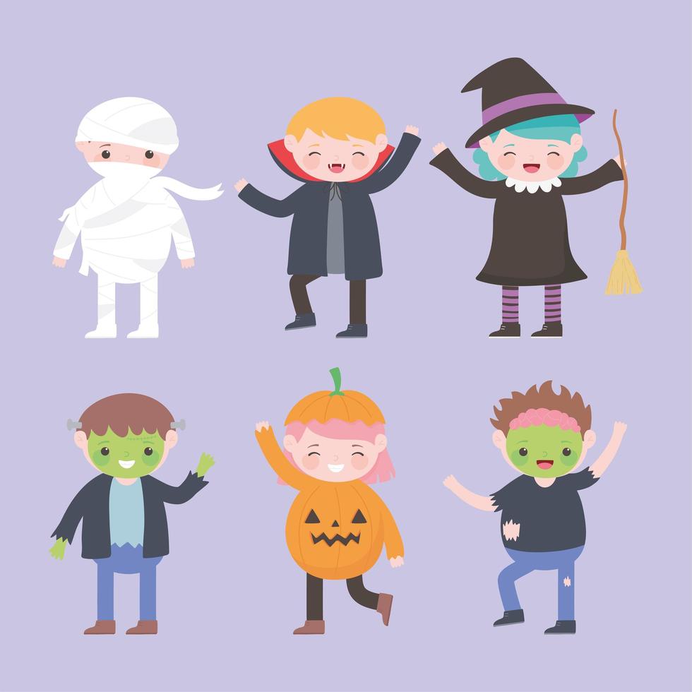 happy halloween, kostuumkarakters groep kinderen, trick or treat, feestviering vector