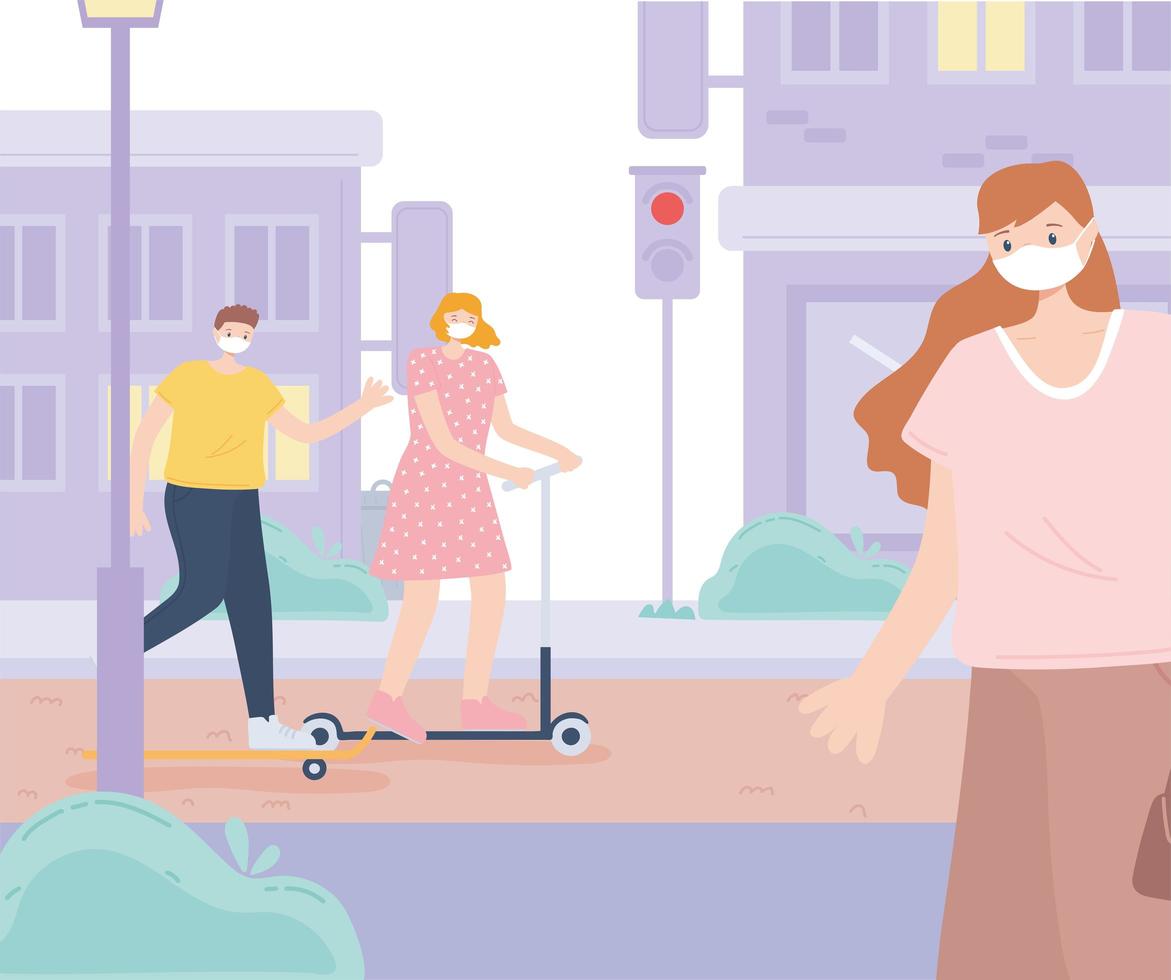 mensen met medisch gezichtsmasker, paar rijden op skate en step en vrouw die op straat loopt, stadsactiviteit tijdens coronavirus vector