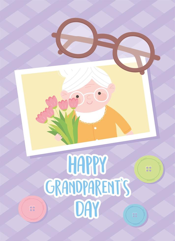 gelukkige grootoudersdag, schattige oma met bloemenfoto en glazen cartoonkaart vector