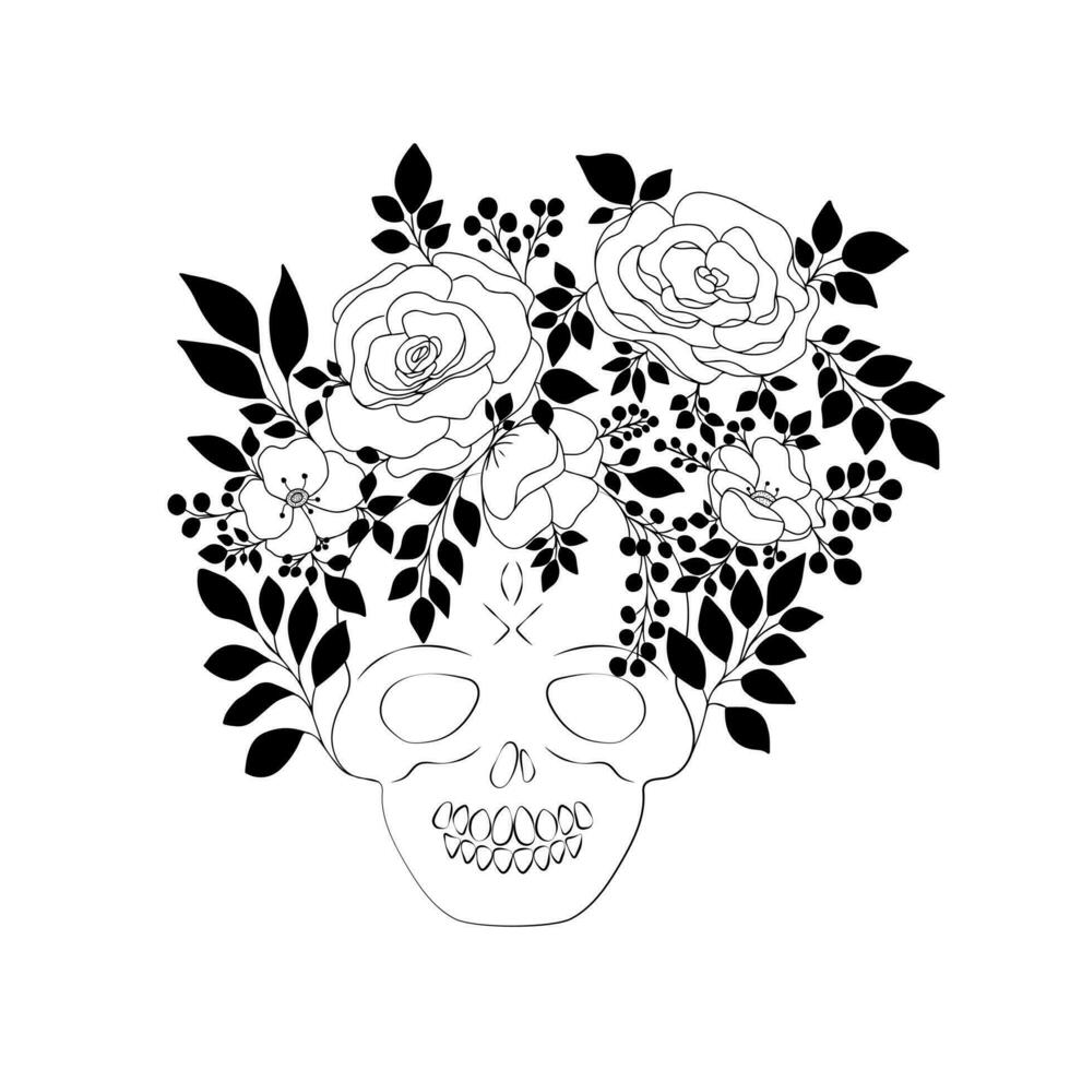 hand- getrokken tekenfilm schedel met krans van tekening roos en anemoon bloemen met bladeren Aan stengels. la Catrina ontwerp voor dag van de dood, suiker schedel, dia de los muertos. geïsoleerd Aan wit achtergrond vector