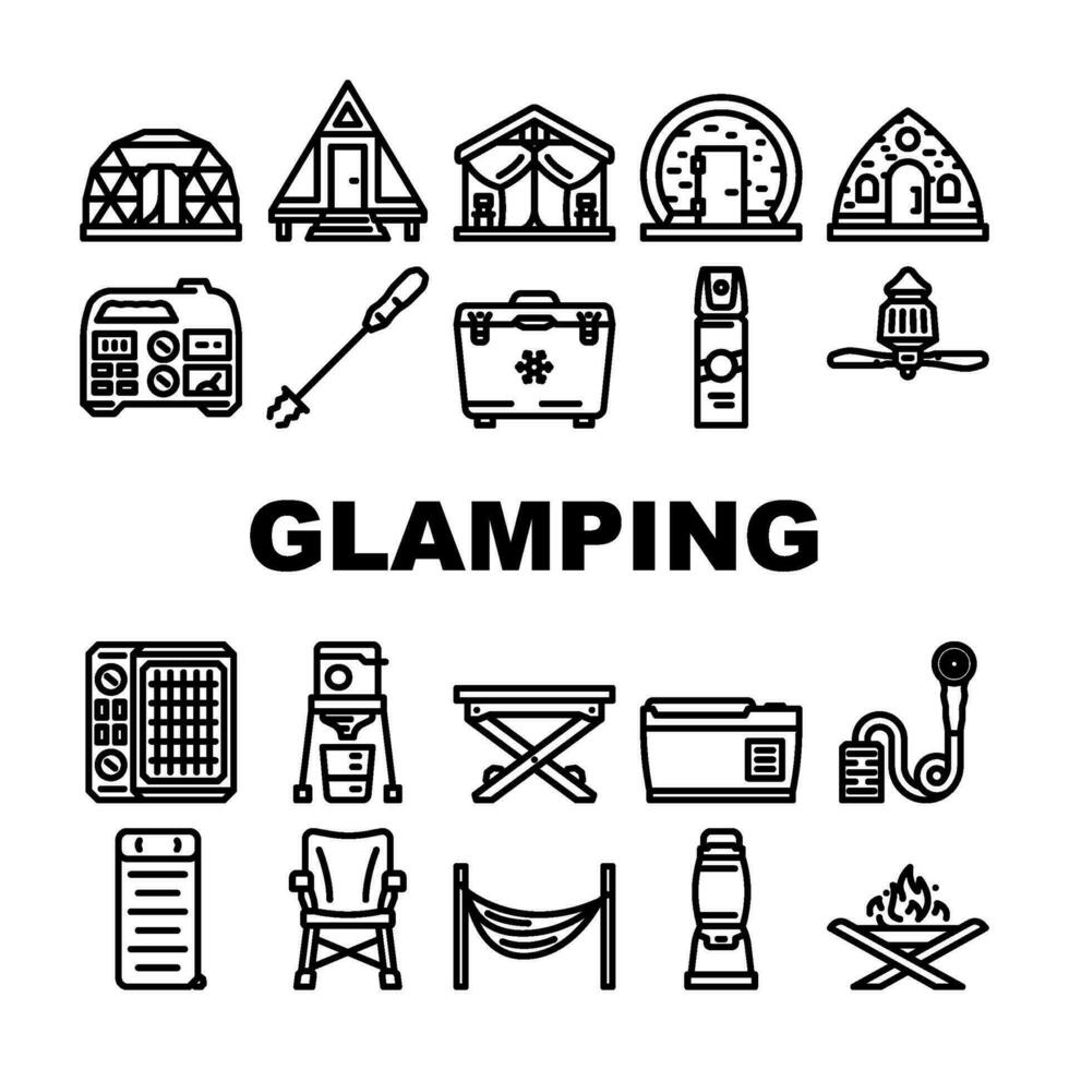 glamping tent natuur luxe tipi pictogrammen reeks vector