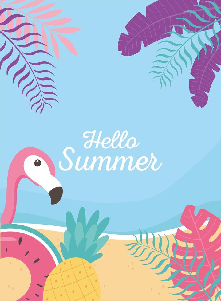 flamingo float ananas strand exotische tropische bladeren, hallo zomer belettering vector
