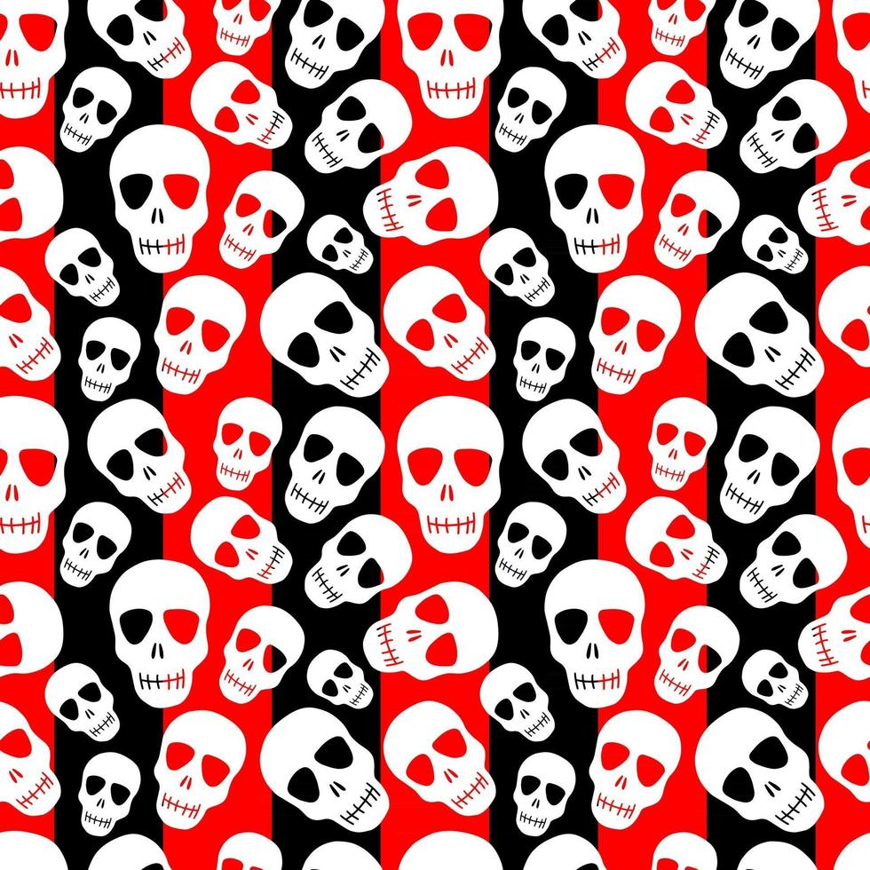 een schedelpatroon op een zwart-rood gestreept background.seamless patroon met witte skulls.design voor halloween-feest, drukwerk, textiel, papier. vector illustratie