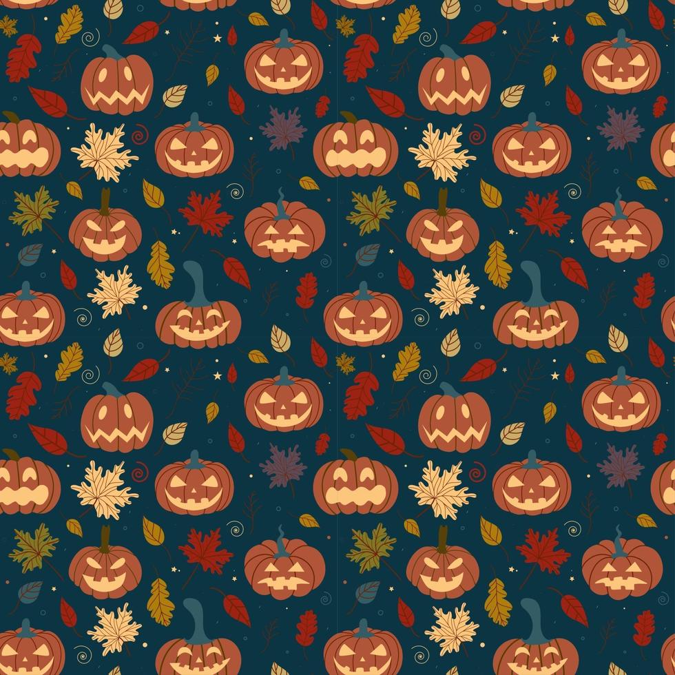 naadloos pompoenpatroon met gevallen herfstbladeren op een donkere achtergrond. halloween pattern.design voor banners, halloween uitnodigingen, gedrukte producten, ansichtkaarten, textiel. vector illustratie