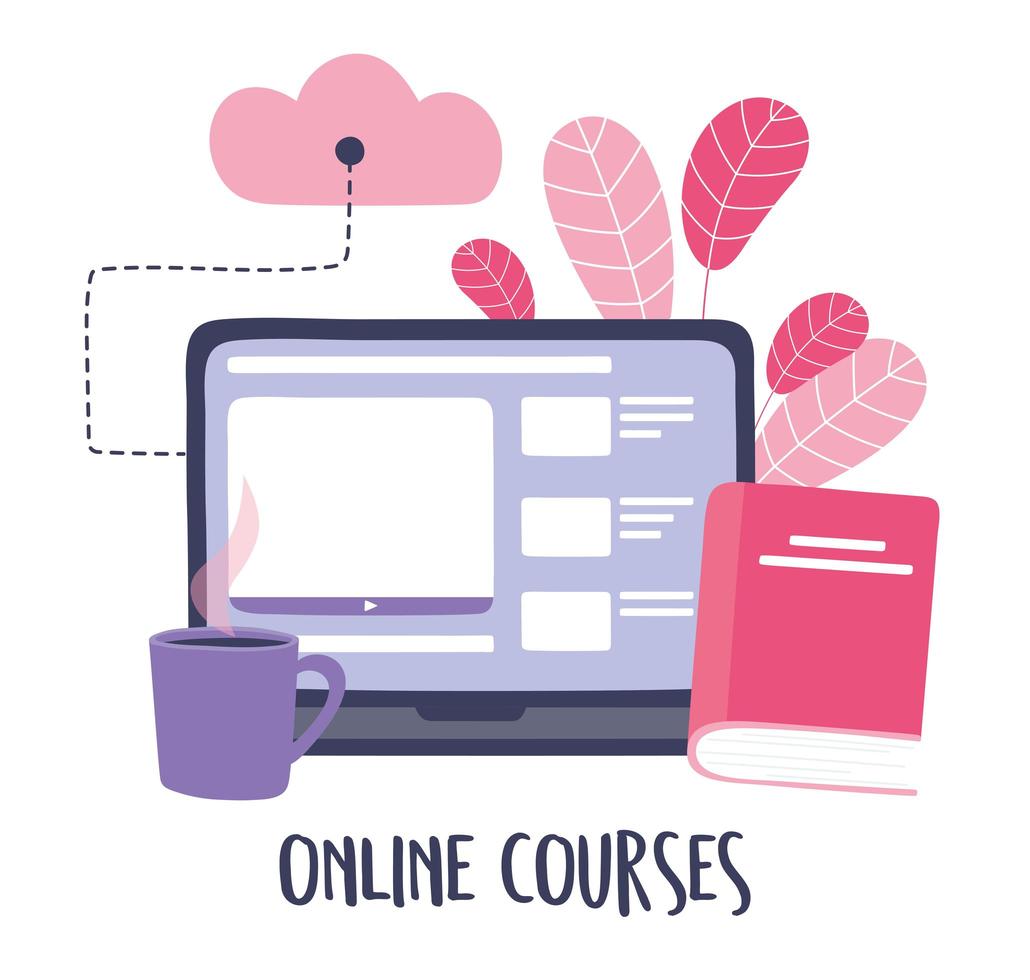 online training, laptop cloud computing verbinding databoek, cursussen kennisontwikkeling via internet vector