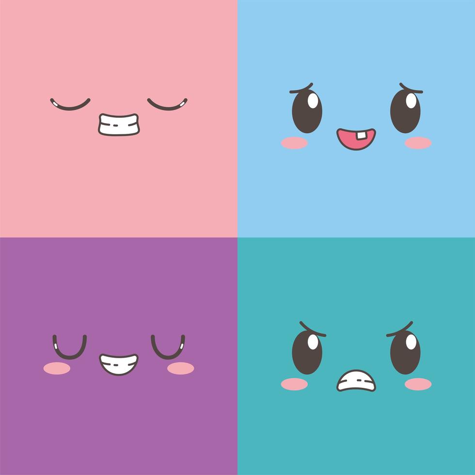 kawaii gelaatsuitdrukking schattig emoticon tekenfilm tekenset vector