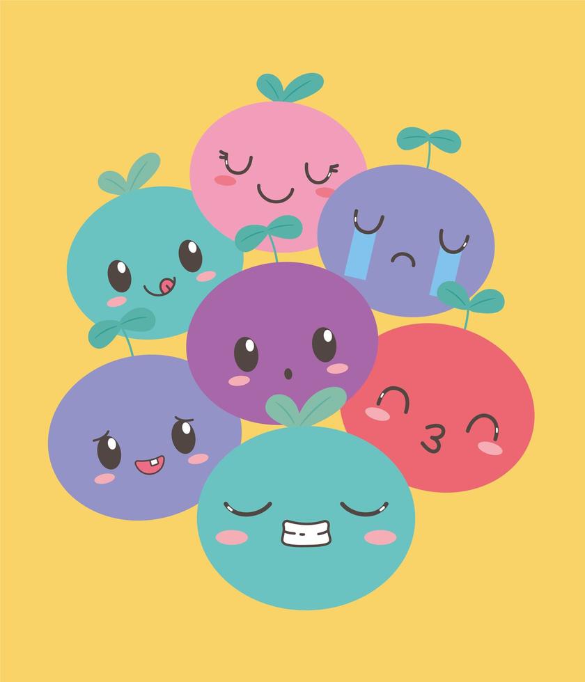 kawaii fruit grappige verschillende gezichten cartoon expressie vector