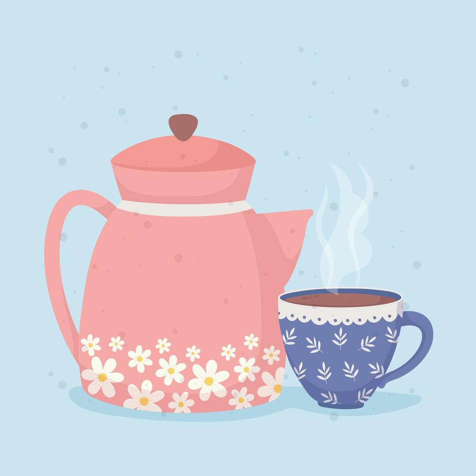 koffietijd en theeketel en blauwe kop warme drank vector