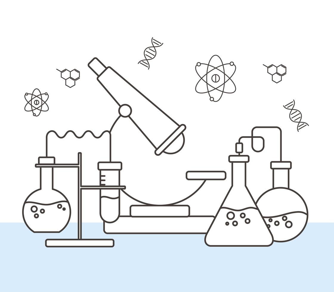 scheikunde wetenschap laboratorium experiment kolven microscoop, lijnstijl vector