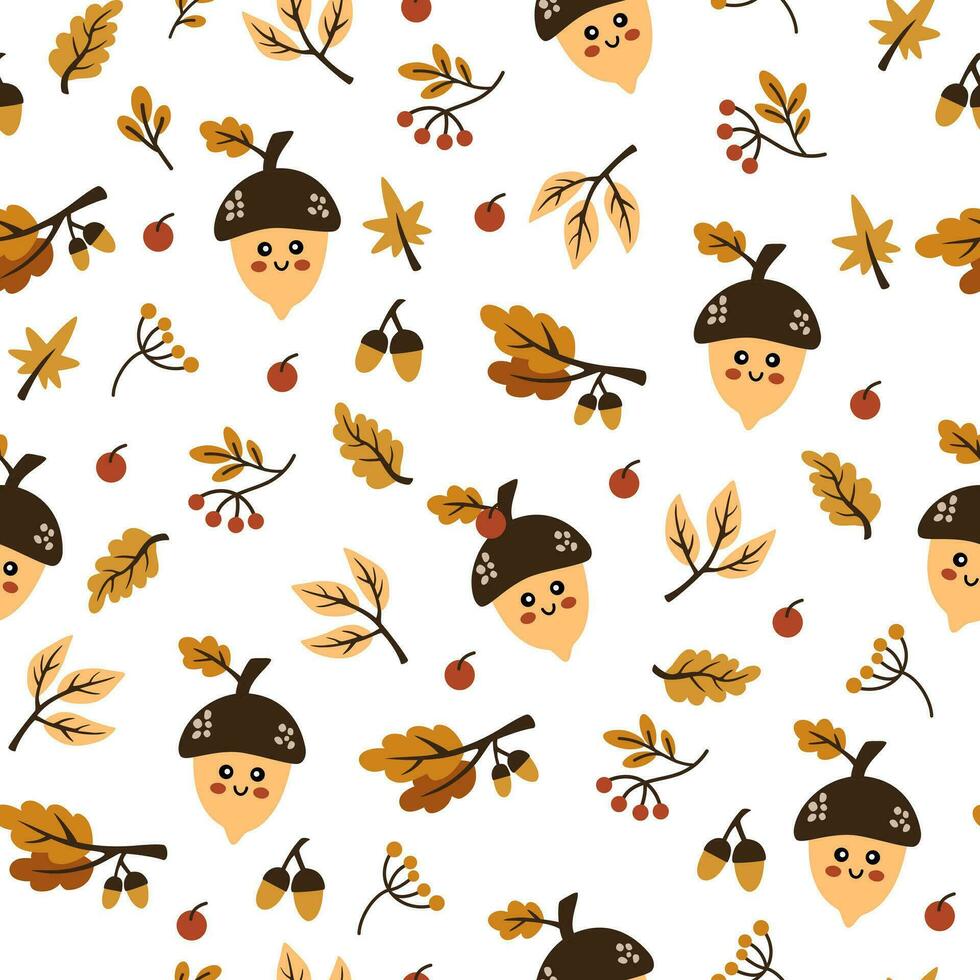 herfst patroon met eikels, bessen en gebladerte. eikel- karakter. creatief achtergrond voor kleding stof, textiel, scrapbooking en afdrukken. vector illustraties voor kinderen.