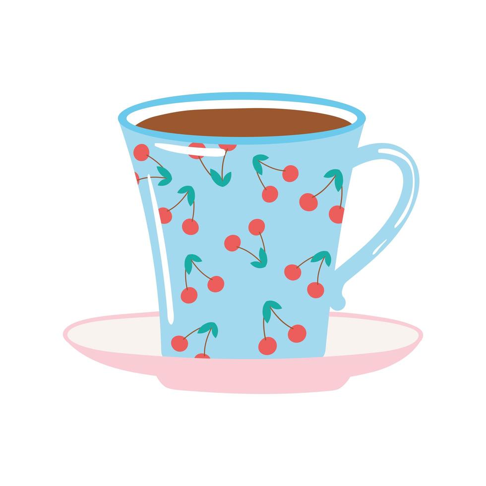 thee en koffiekopje met kersen geschilderd pictogram op witte achtergrond vector