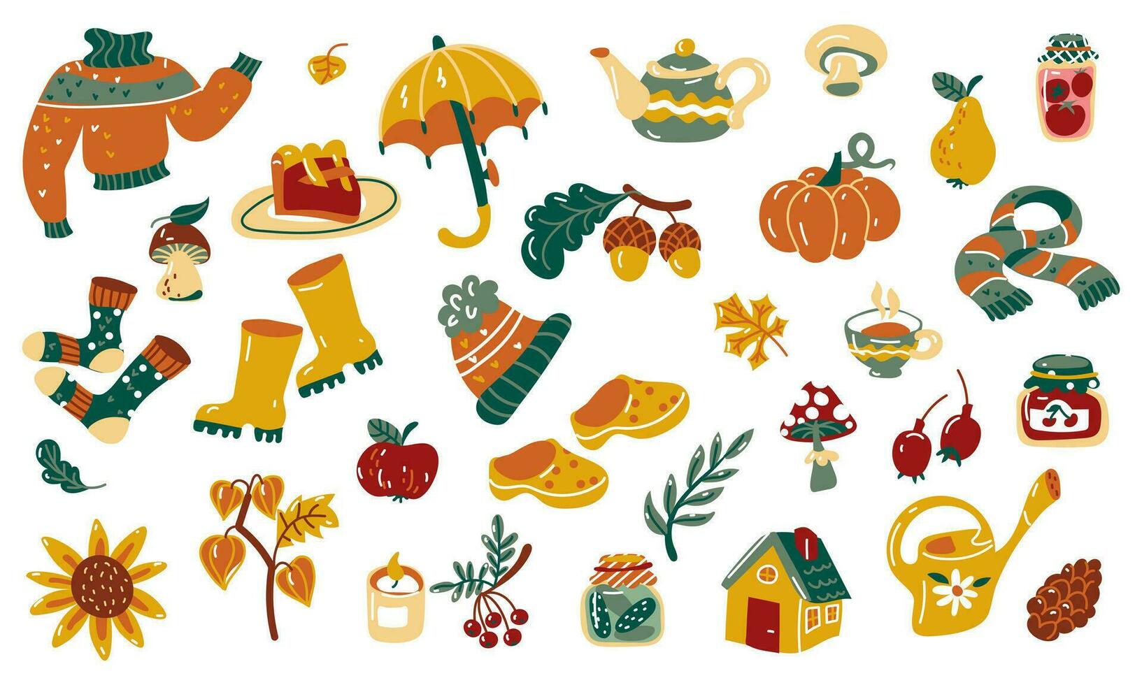 een reeks van herfst elementen. vector illustratie van pompoen, paraplu, taart, paddestoelen, rubber laarzen, bessen, fruit, herfst bladeren en veel meer. een reeks van stickers Aan de herfst thema