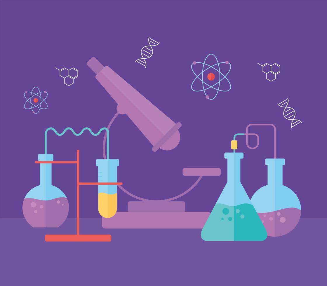 scheikunde wetenschap laboratorium experiment kolven microscoop, vlakke stijl vector