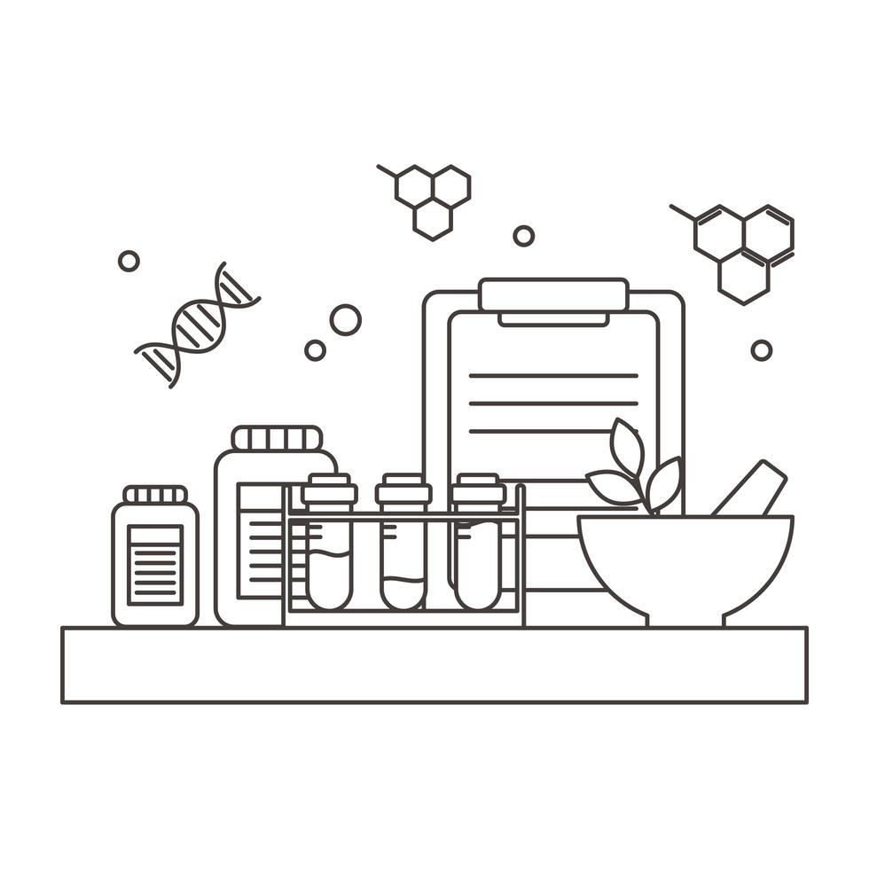 scheikunde laboratoriumapparatuur mortel reageerbuizen geneeskunde wetenschap, lijnstijl vector