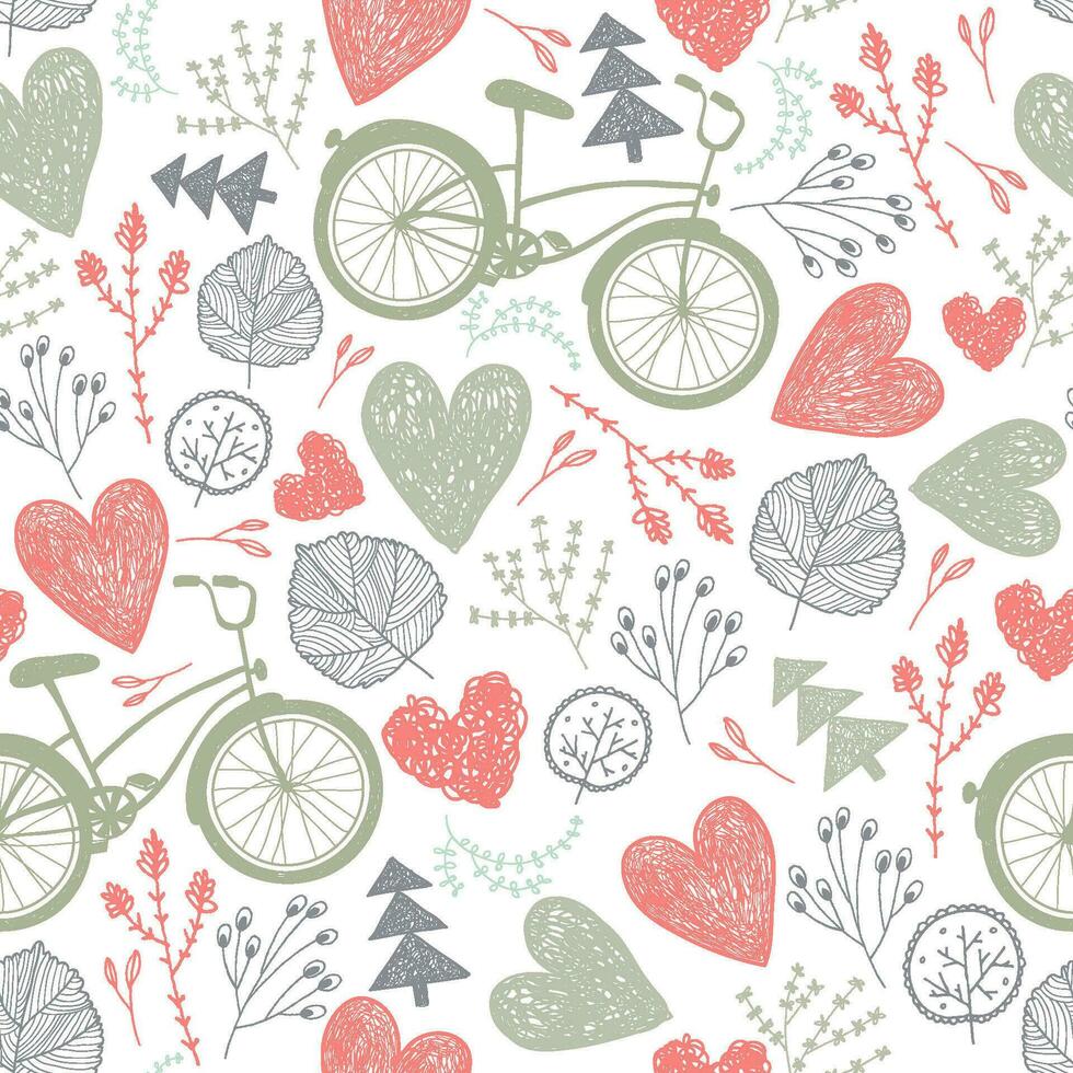 vector naadloos romantisch patroon. harten, bloemen, wijnoogst fietsen lente, zomer, bruiloft achtergrond.