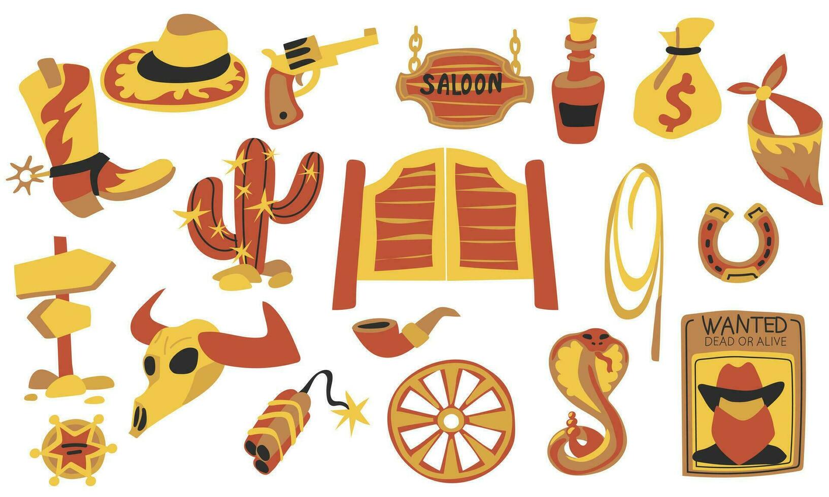 een reeks van wild west elementen in een modern vlak stijl. vector illustratie cowboy laars, hoed, salon deuren en teken, bandana, stier schedel, revolver, cactus, fles, dynamiet, revolver, sheriff's insigne