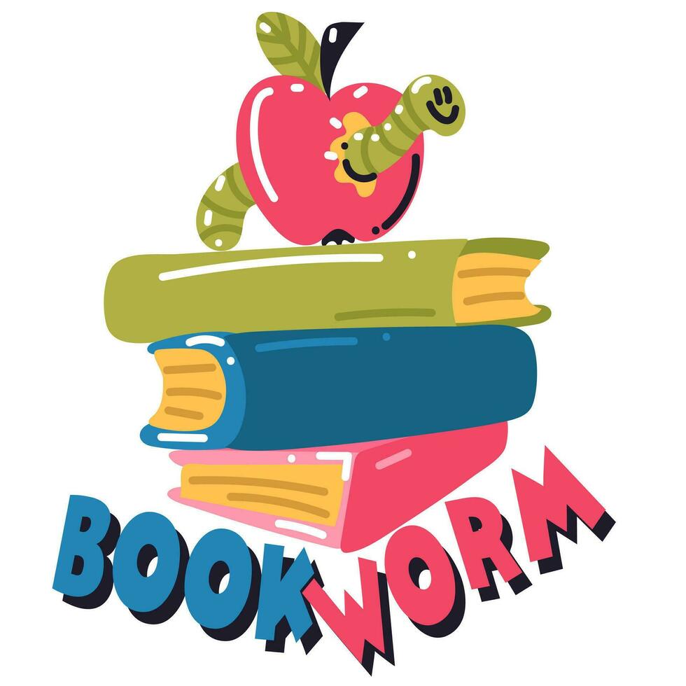 sticker met de opschrift school- boekenwurm. een stack van boeken, een rood appel met een groen worm. school- illustratie in tekenfilm stijl. het drukken Aan schoolthema t-shirts vector