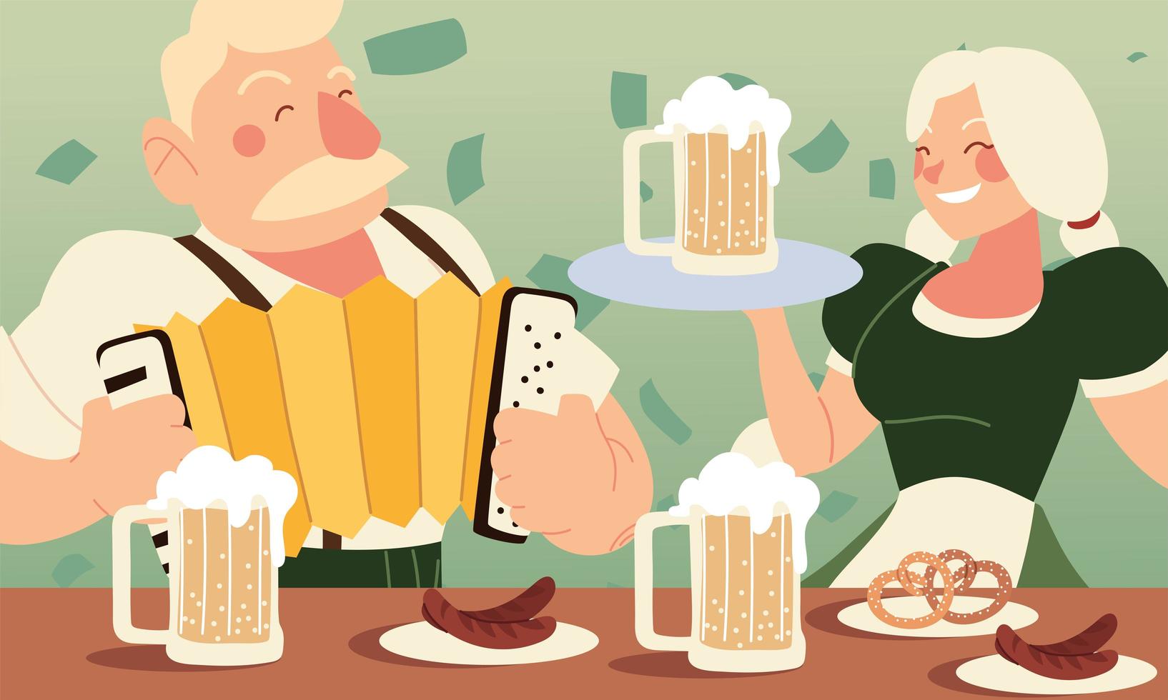 oktoberfest man en vrouw met bierworsten en pretzels vectorontwerp vector