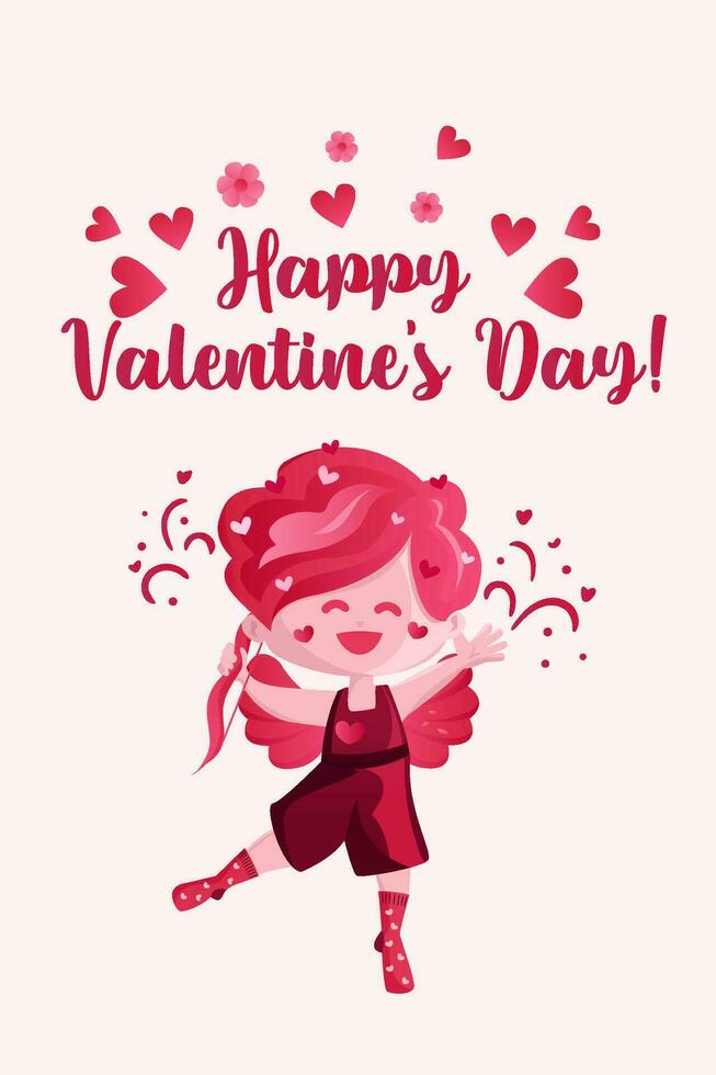 verticaal groet kaart voor Valentijn s dag met een Cupido. vector, tekenfilm stijl. kan worden gebruikt naar creëren oprecht en romantisch groeten naar uitdrukken liefde en genegenheid Aan de speciaal gelegenheid. vector