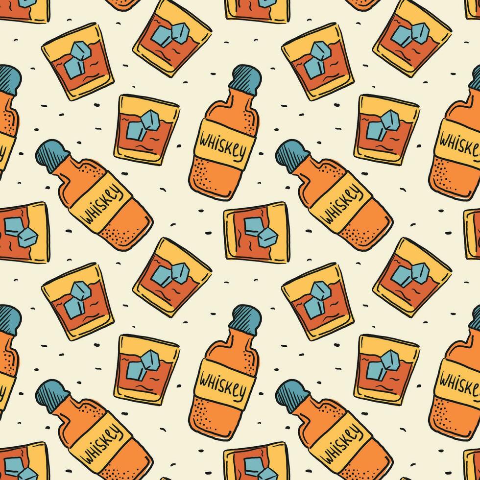 alcohol is een naadloos patroon. whisky en een glas. tekening illustratie, vector. kan worden gebruikt voor ontwerpen bar menu's, promotionele materialen vector