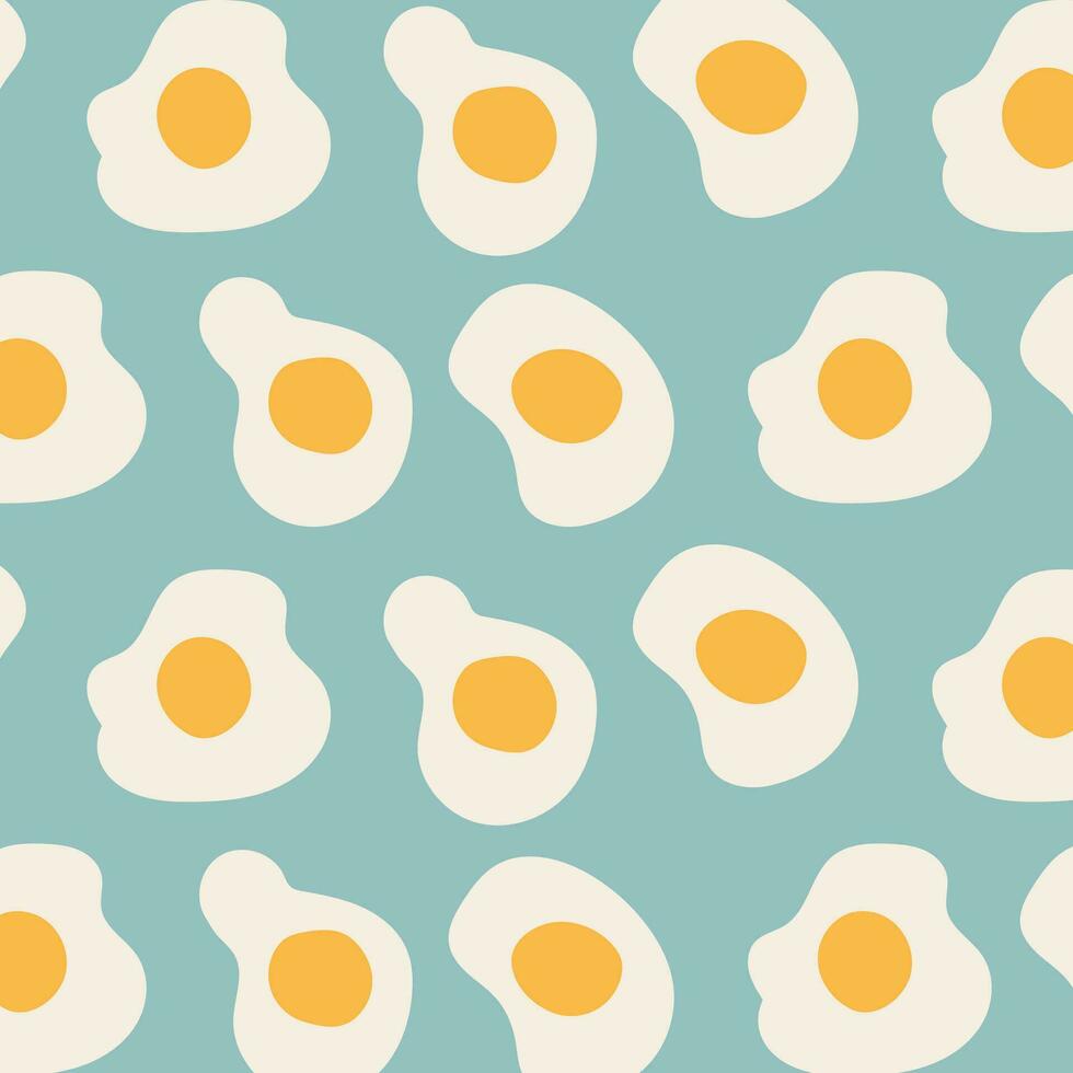 gebakken eieren patroon. vector naadloos gebakken eieren patroon of behang. ochtend- ontbijt naadloos patroon met gebakken eieren. tekenfilm illustratie Aan blauw achtergrond. vector achtergrond voor textiel.