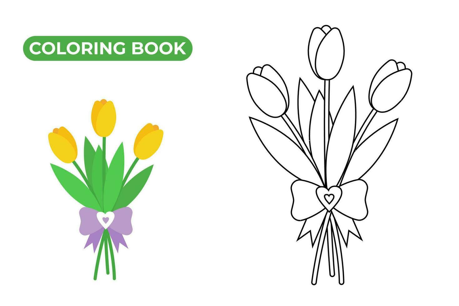 boeket van bloemen met boog en lintje. lijn vector illustratie van tulpen. tekening van voorjaar planten met decoratief elementen. contour kleur boek voor kinderen.