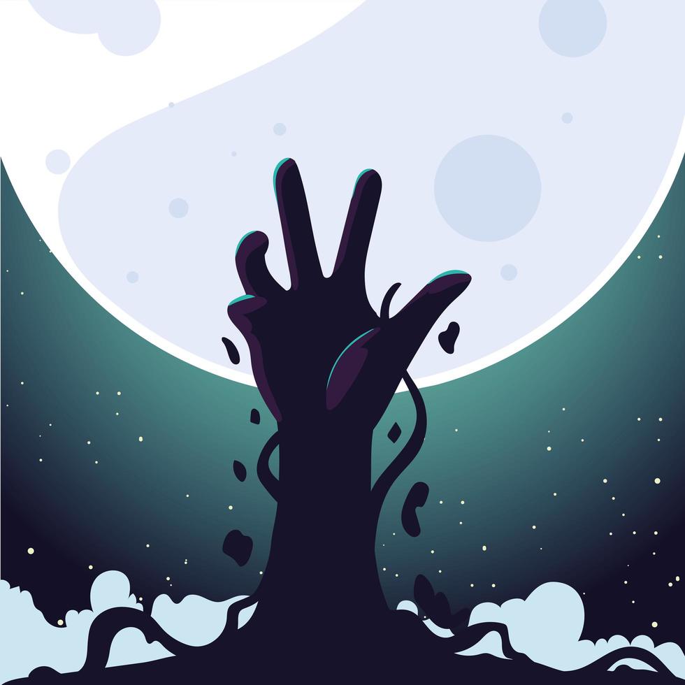 zombiehand en volle maan voor halloween-achtergrond vector