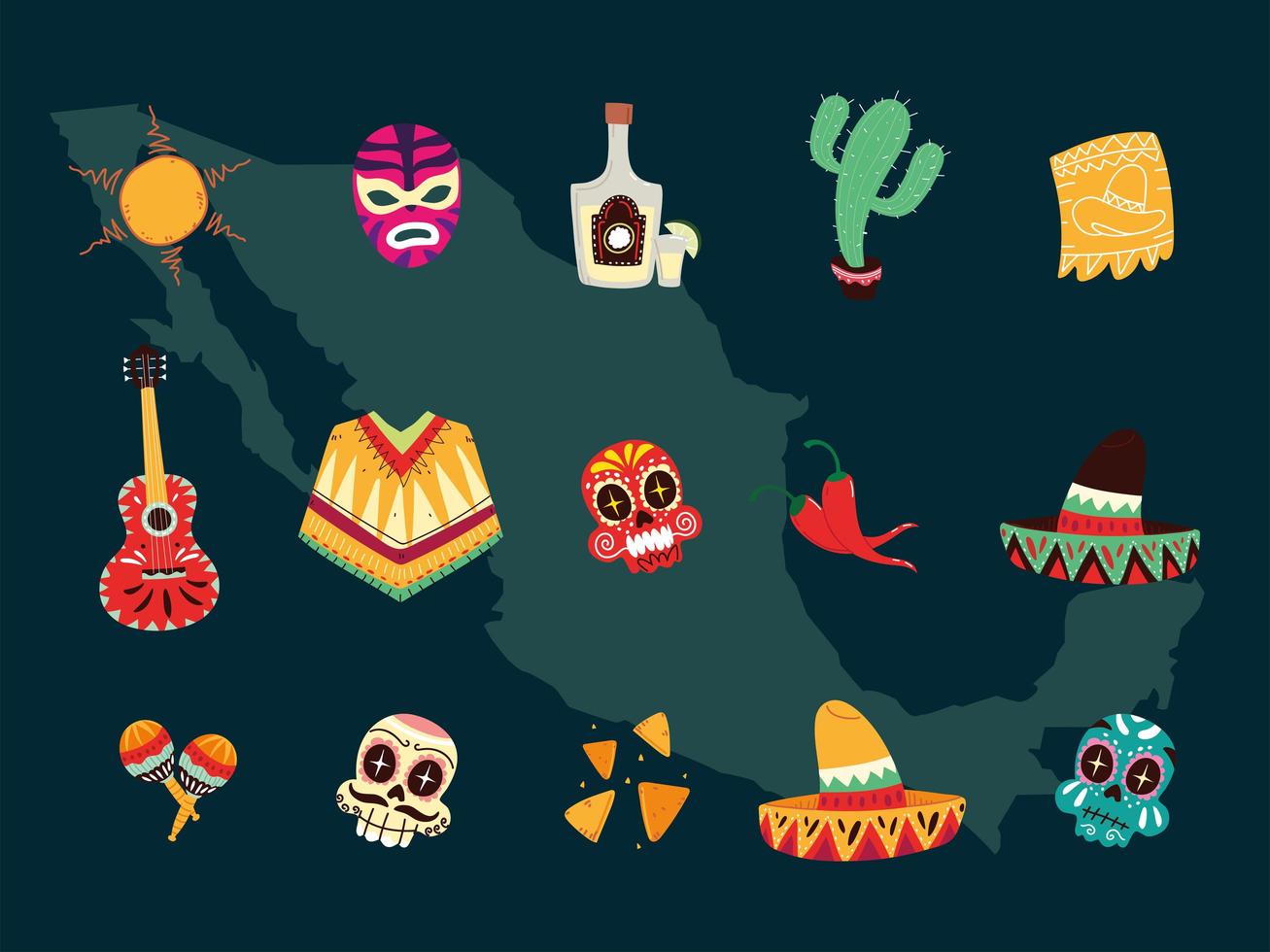 set van Mexicaanse symbolen, Mexicaanse vieringspictogrammen vector