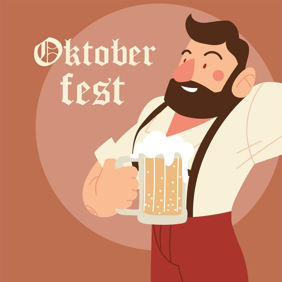 oktoberfest man cartoon met traditioneel doek en bier vector design