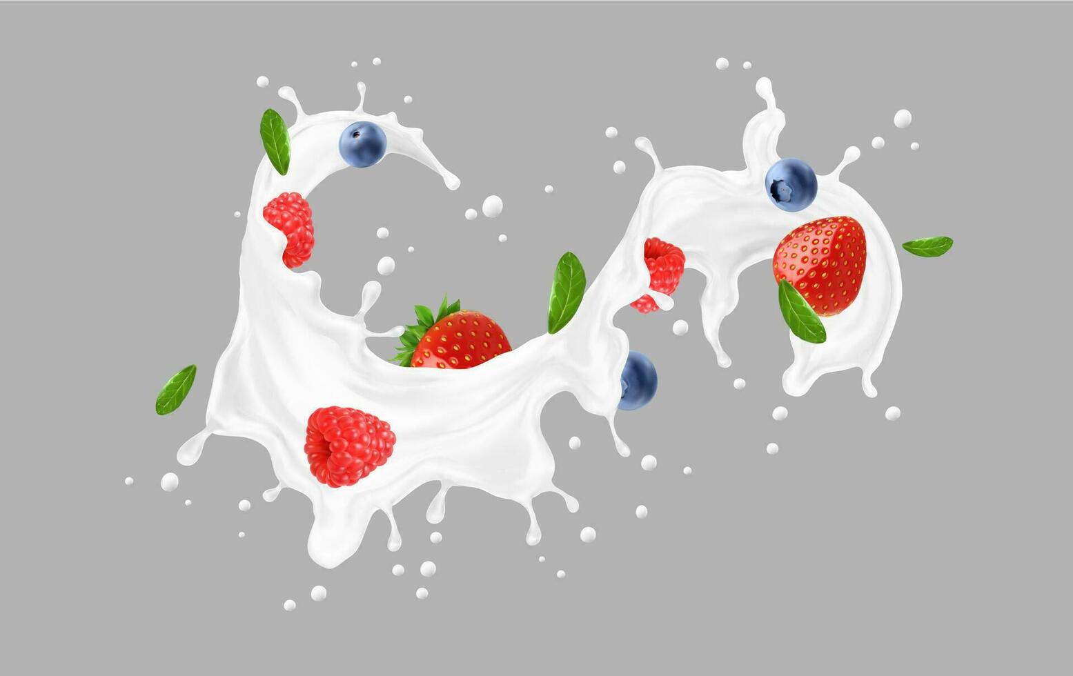 wit yoghurt melk kolken plons en bessen mengen vector