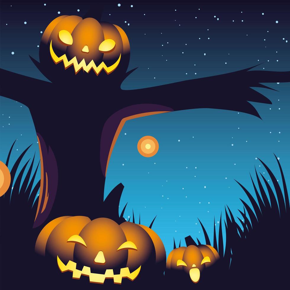 halloween nacht achtergrond met pompoenen en vogelverschrikker vector