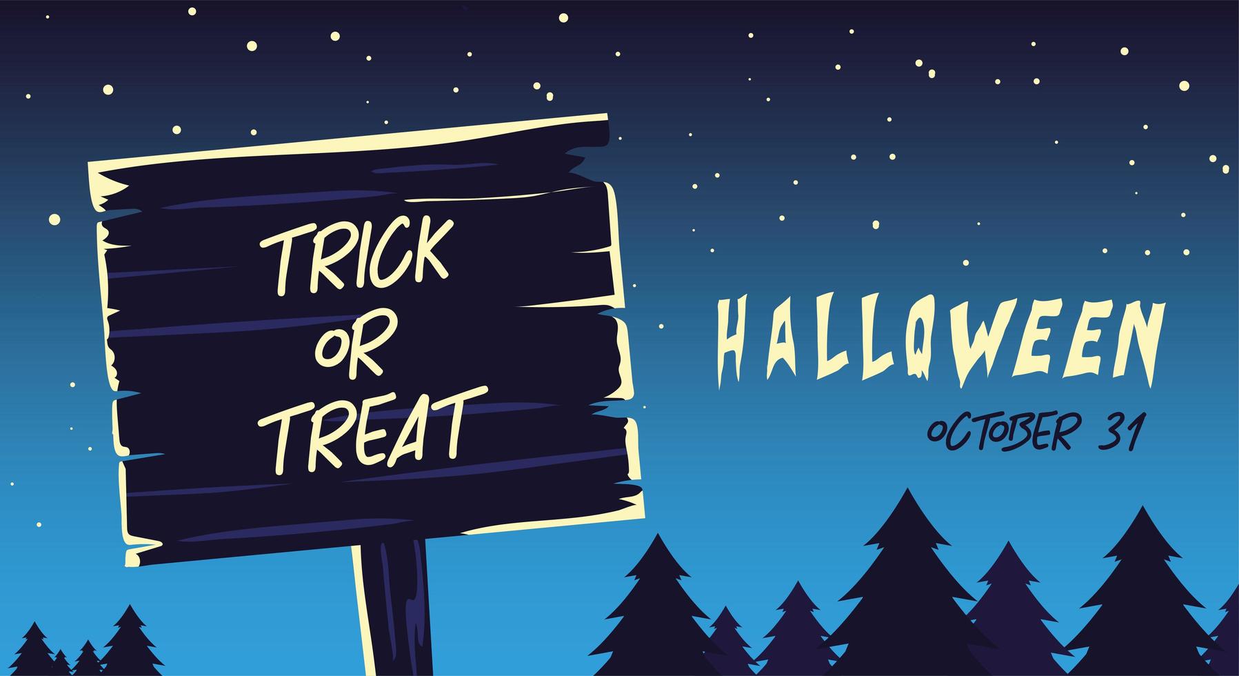 label trick or treat in de donkere nacht van Halloween vector