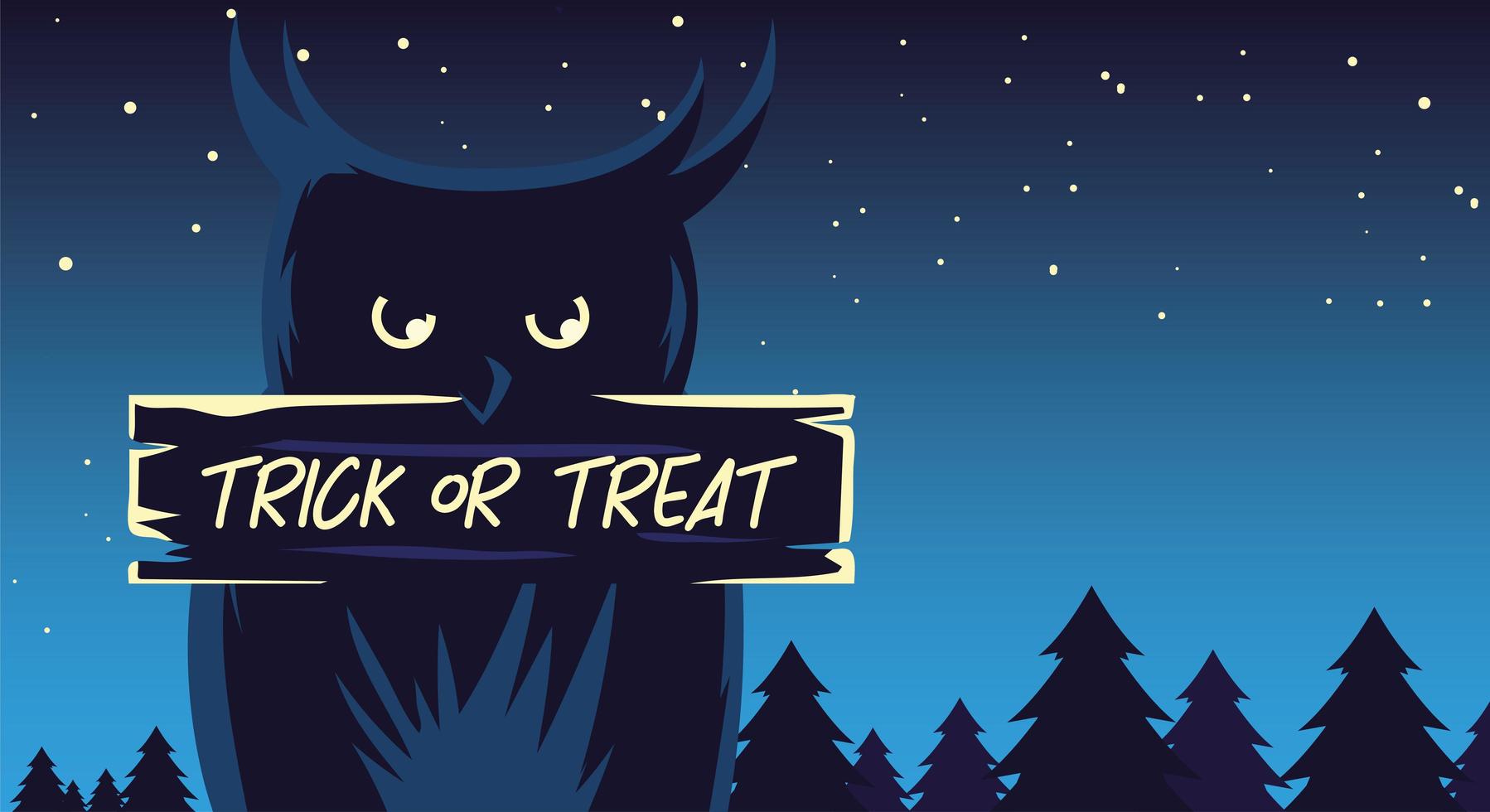 trick or treat-label met uil in de donkere nacht van halloween vector