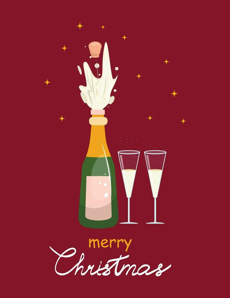 rood Kerstmis kaart met een Champagne fles en twee bril. vrolijk kerstmis, gelukkig nieuw jaar concept illustratie . vector