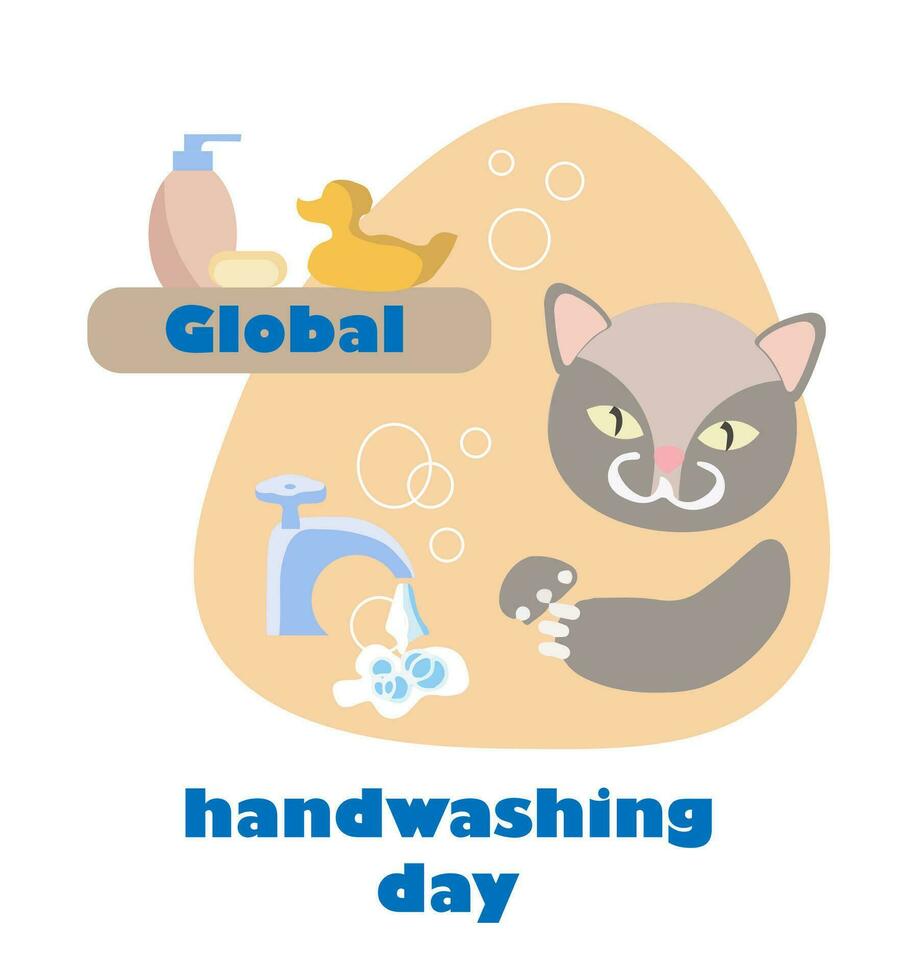 globaal handen wassen dag. ontwerp voor kinderen. kat reinigt en wast zijn poten vector