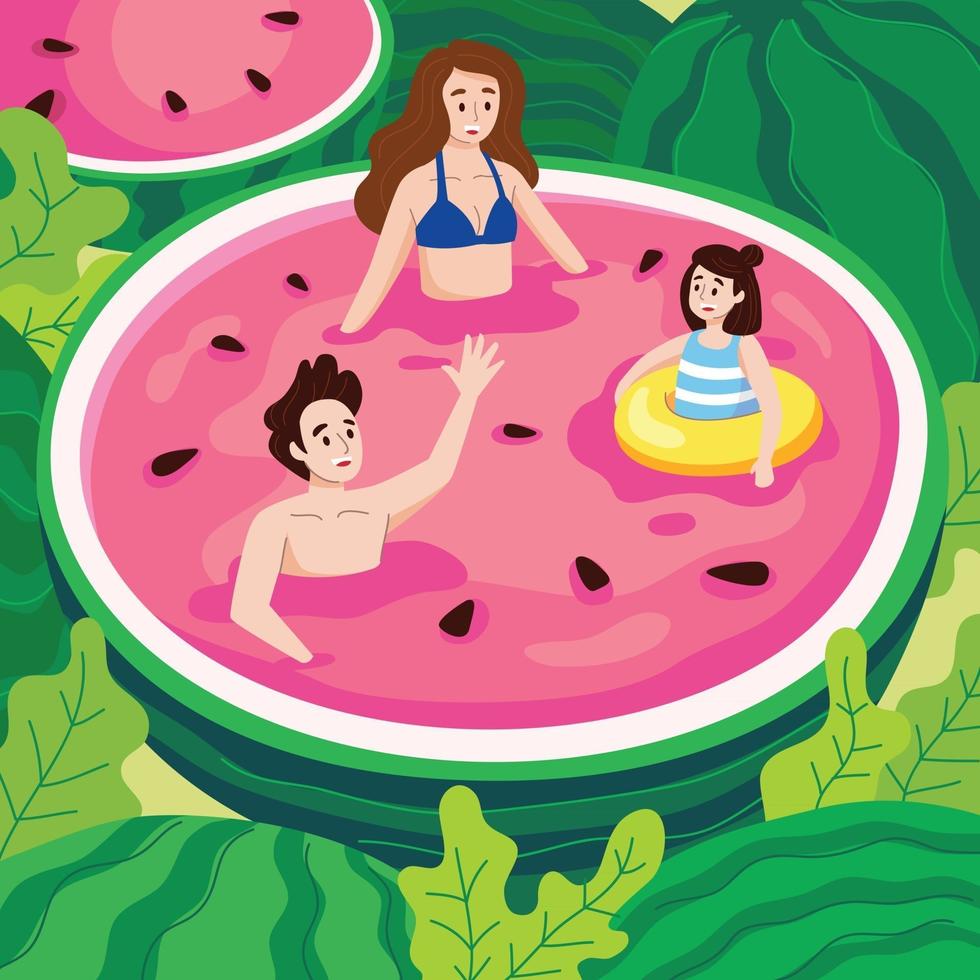 gelukkige familie die in het watermeloenzwembad zwemt vector
